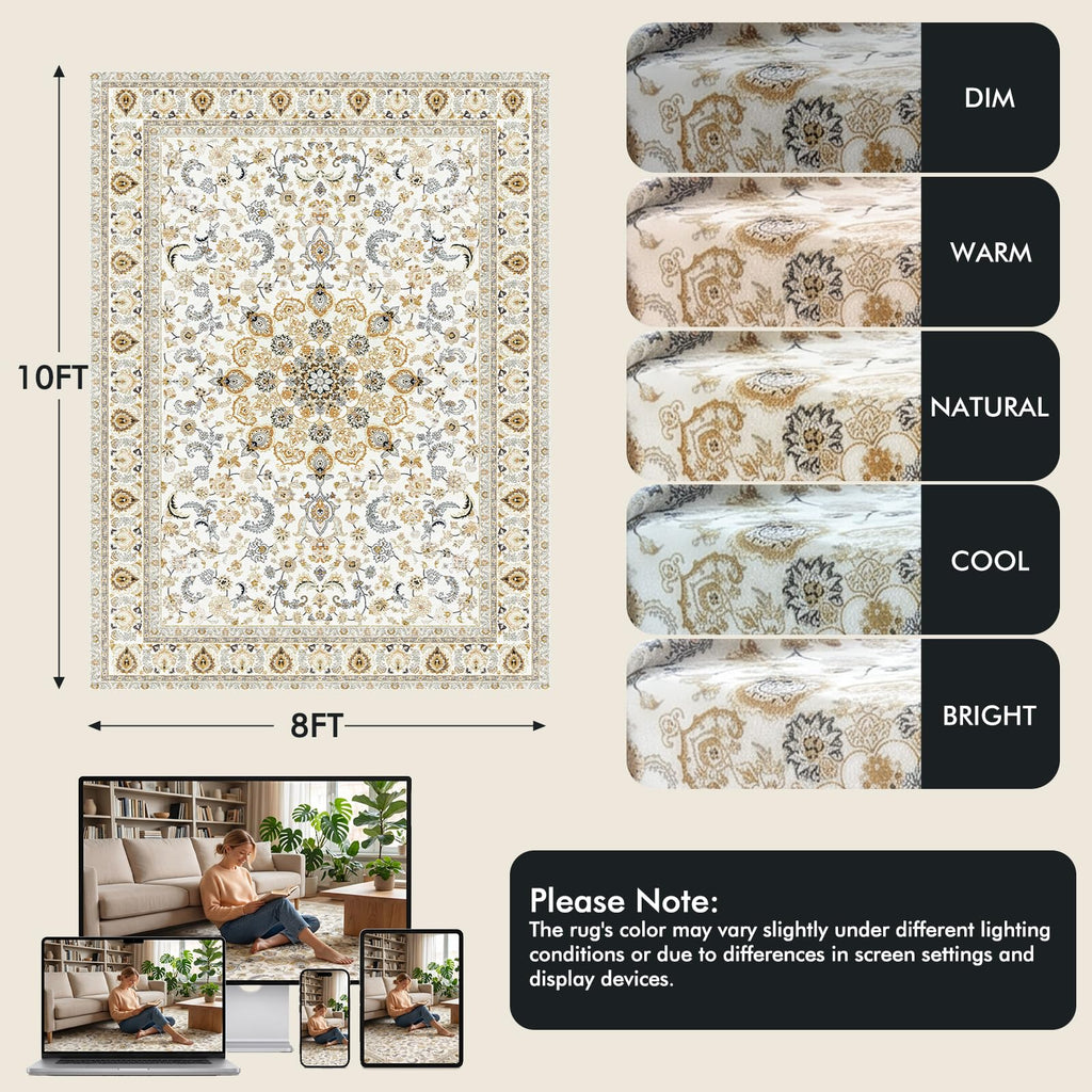 Fixwal Washable 8x10 Area Rug for Living Room, Non-Slip, Beige