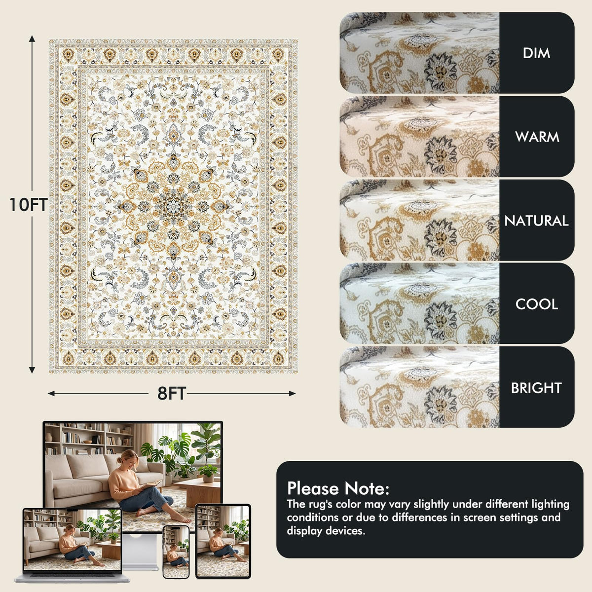 Fixwal Washable 8x10 Area Rug for Living Room, Non-Slip, Beige
