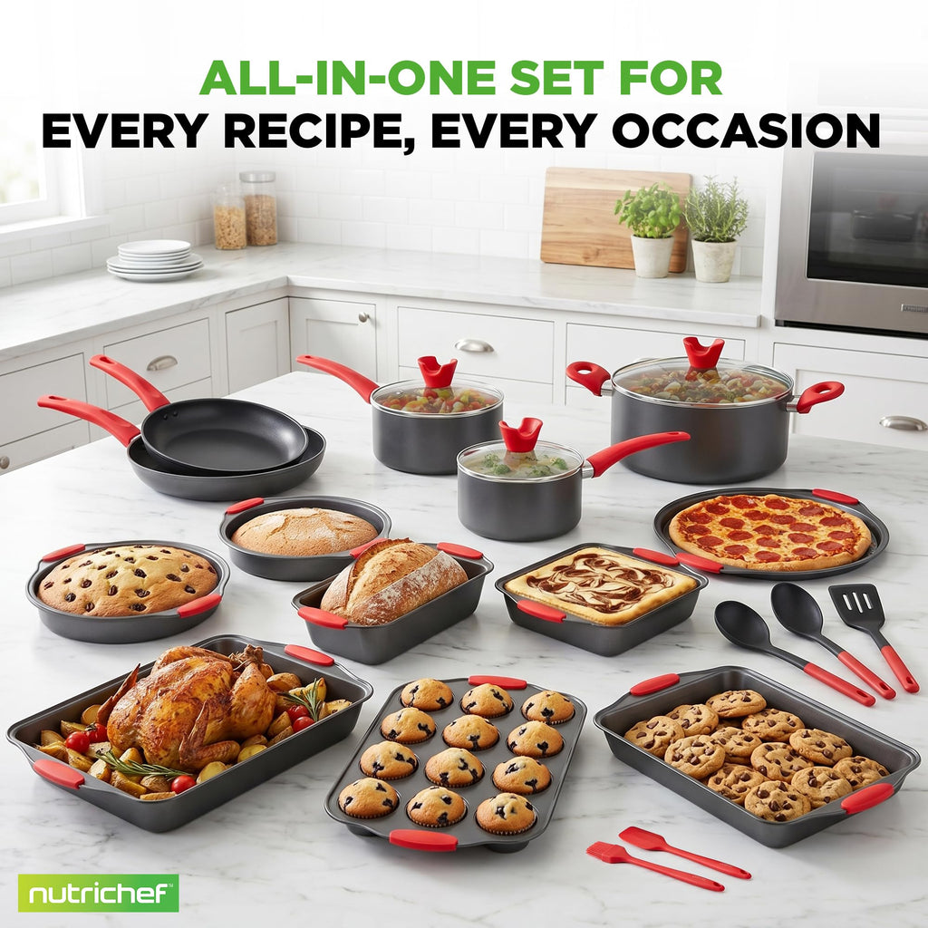 NutriChef 21-Piece Nonstick Cookware Set - PTFE/PFOA/PFOS Free Heat Resistant Lacquer Kitchen Ware Pots Pan w/ Cool-Touch Handles, Saucepan, Fry Pans, Lid, Bakeware, For Gas Electric Ceramic Cooktops