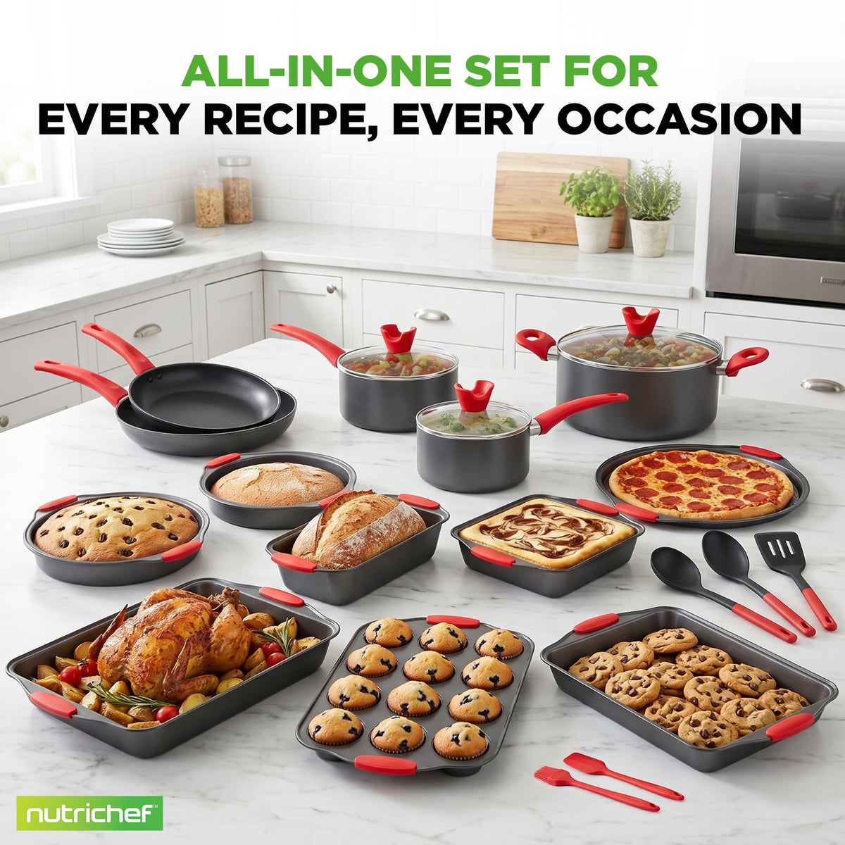 NutriChef 21-Piece Nonstick Cookware Set - PTFE/PFOA/PFOS Free Heat Resistant Lacquer Kitchen Ware Pots Pan w/ Cool-Touch Handles, Saucepan, Fry Pans, Lid, Bakeware, For Gas Electric Ceramic Cooktops