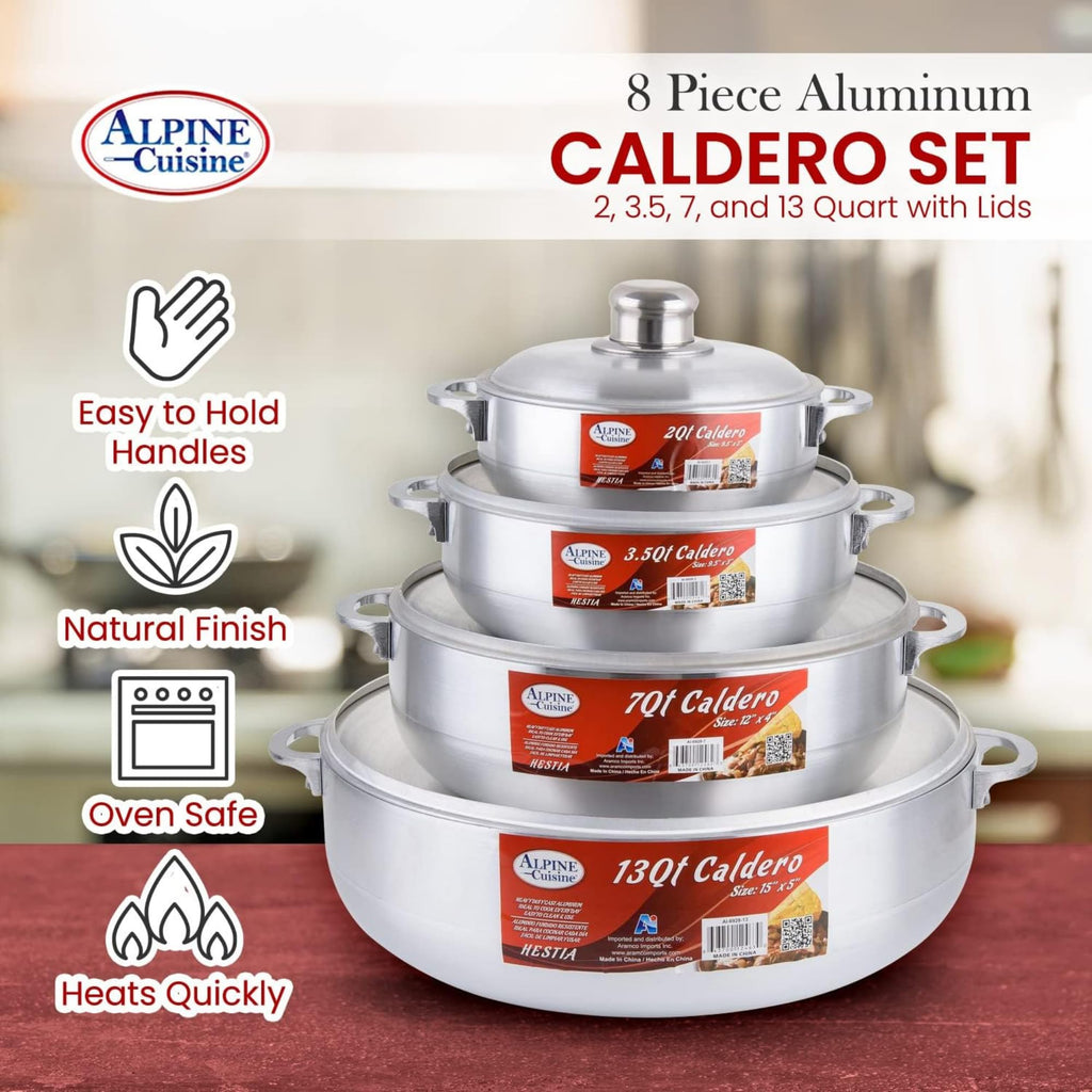 Alpine Cuisine 8-Piece Nonstick Aluminum Caldero Cookware Set with Lids | Includes 2 Qt, 3.5 Qt, 7 Qt, 13 Qt Pots | Ideal for Stews, Soups, & Rice