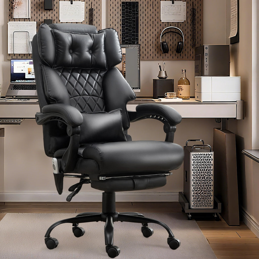 Massage Office Chair with Foot Rest,6 Points Vibration & Heat Executive Office Chairs,500LBS Big and Tall Office Chair for Heavy People,Ergonomic Reclining Desk Chair,Dual-Use Pillow,Home Office,Black