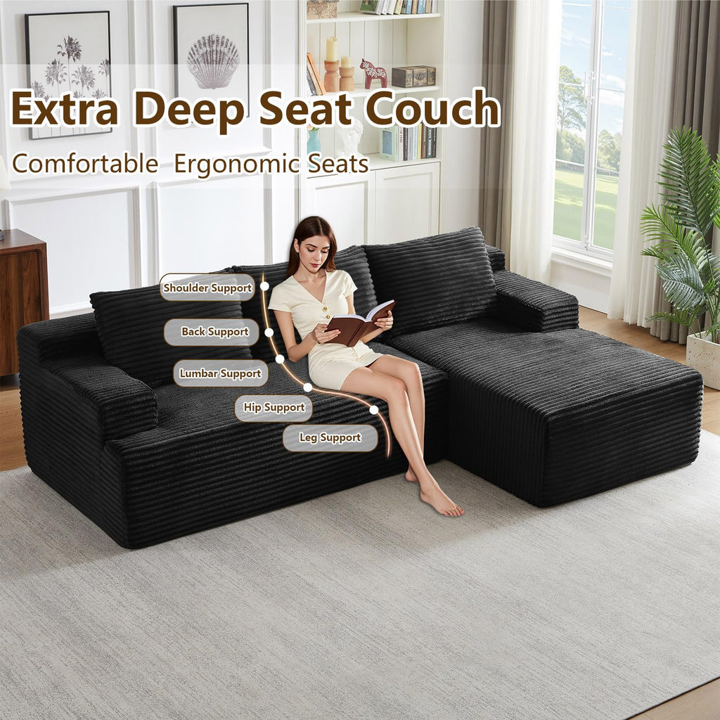 96" Modular Sectional Sofa Couches L-Shape Couch 3 Seat Modular Sofa Corduroy Memory Foam Sectional Boneless Couches for Living Room, Cloud Couch with Oversized Chaise(Black, Right Facing)
