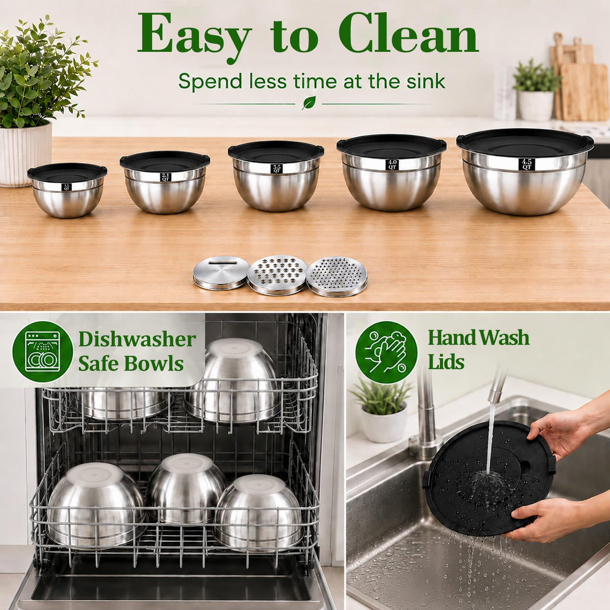 Boskermeal 8PCS Mixing Bowls with Lids Set - 5 Nesting Mixing Bowls, 3 Grater Attachments, Lids, Stainless Steel Mixing Bowls for Mixing & Serving, Size 1.5/2.1/3.5/4/4.5 QT, Black