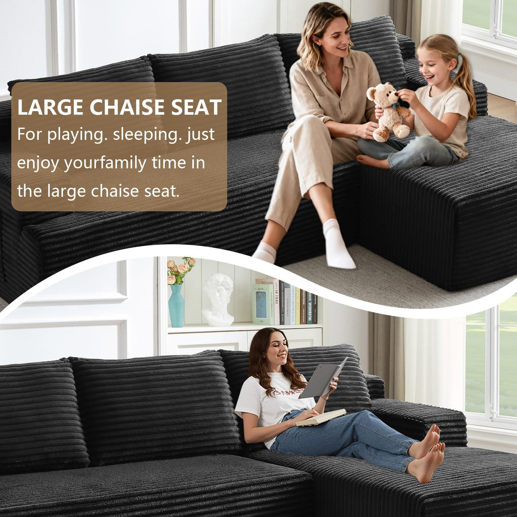 96" Modular Sectional Sofa Couches L-Shape Couch 3 Seat Modular Sofa Corduroy Memory Foam Sectional Boneless Couches for Living Room, Cloud Couch with Oversized Chaise(Black, Right Facing)