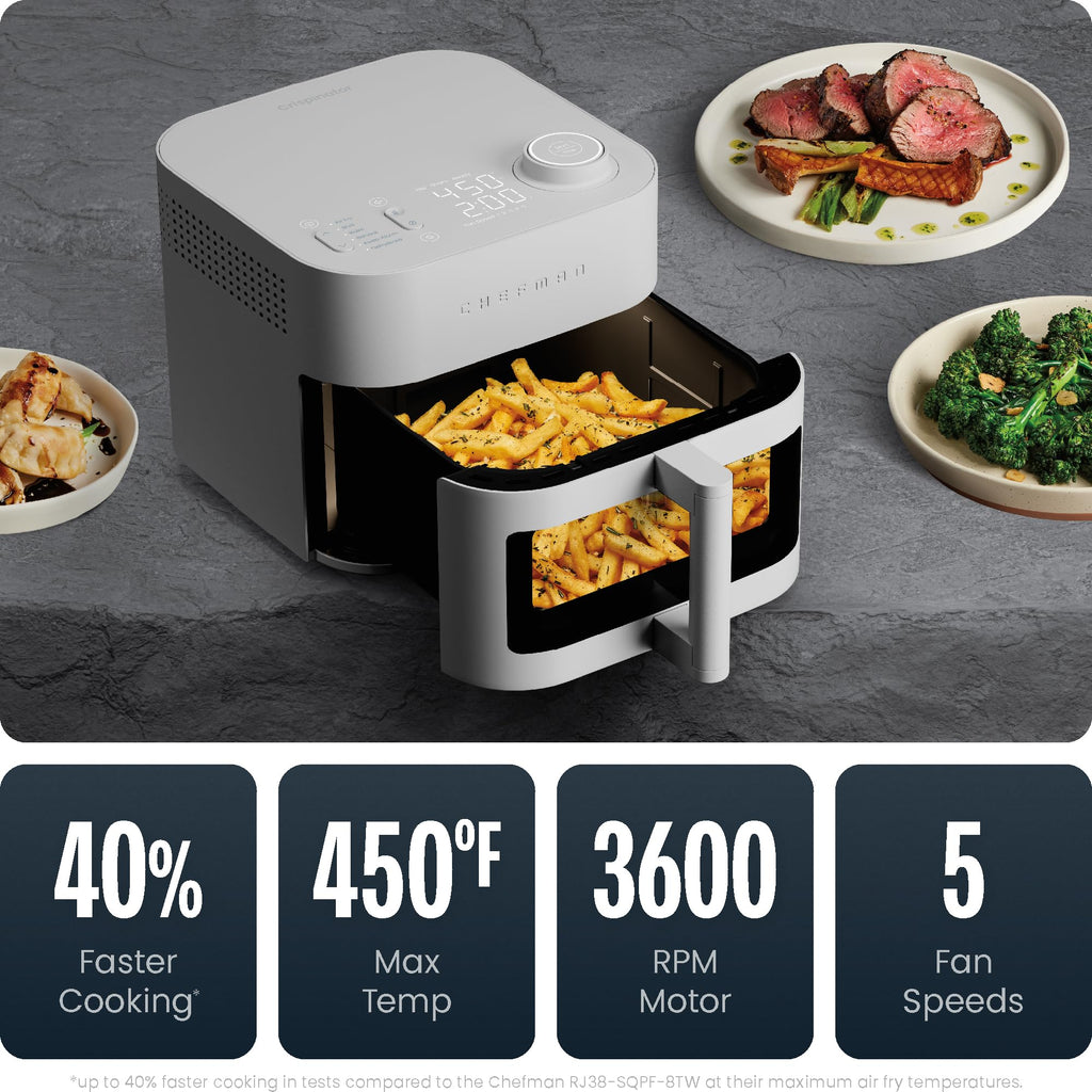 Chefman Crispinator Air Fryer 6-in-1 with 8 Qt capacity, 450°F Max Temp with TurboFry Pro Technology for Fast and Even Results, Viewing Window, Nonstick Ceramic Basket