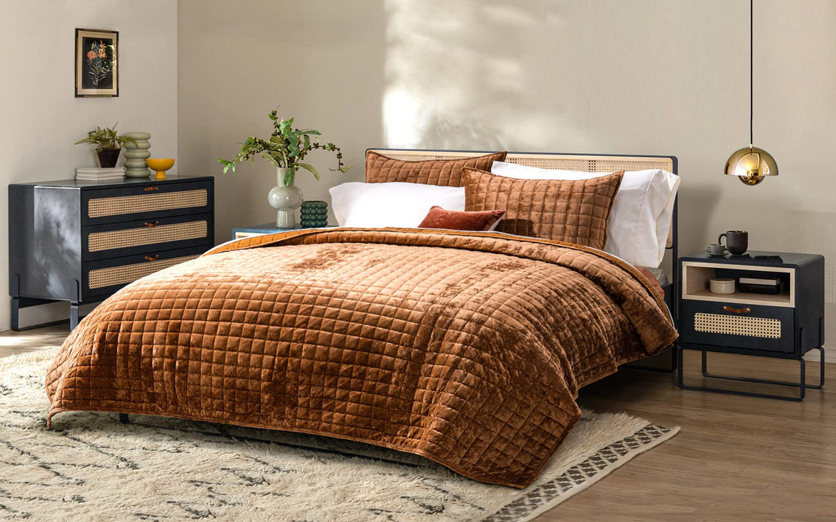 RECYCO Channel Box Stitch Velvet Quilt Set, King Size, Rusty Burnt Orange