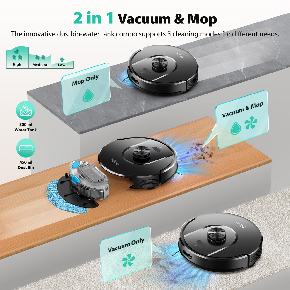Tikom Robot Vacuum and Mop, Robotic Vacuum Cleaner with Self-Emptying Base