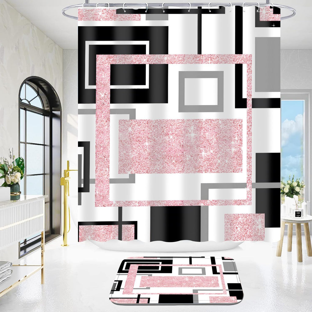 Yddsky 4 Pcs Pink Geometric Shower Curtain Set with Rugs Bathroom Set