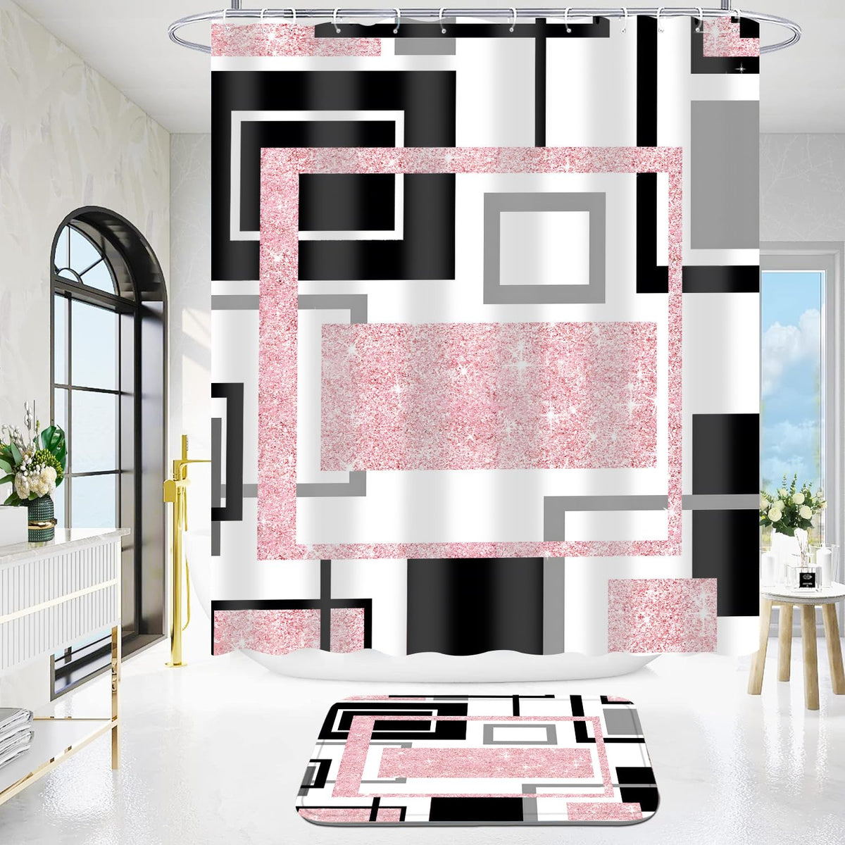 Yddsky 4 Pcs Pink Geometric Shower Curtain Set with Rugs Bathroom Set