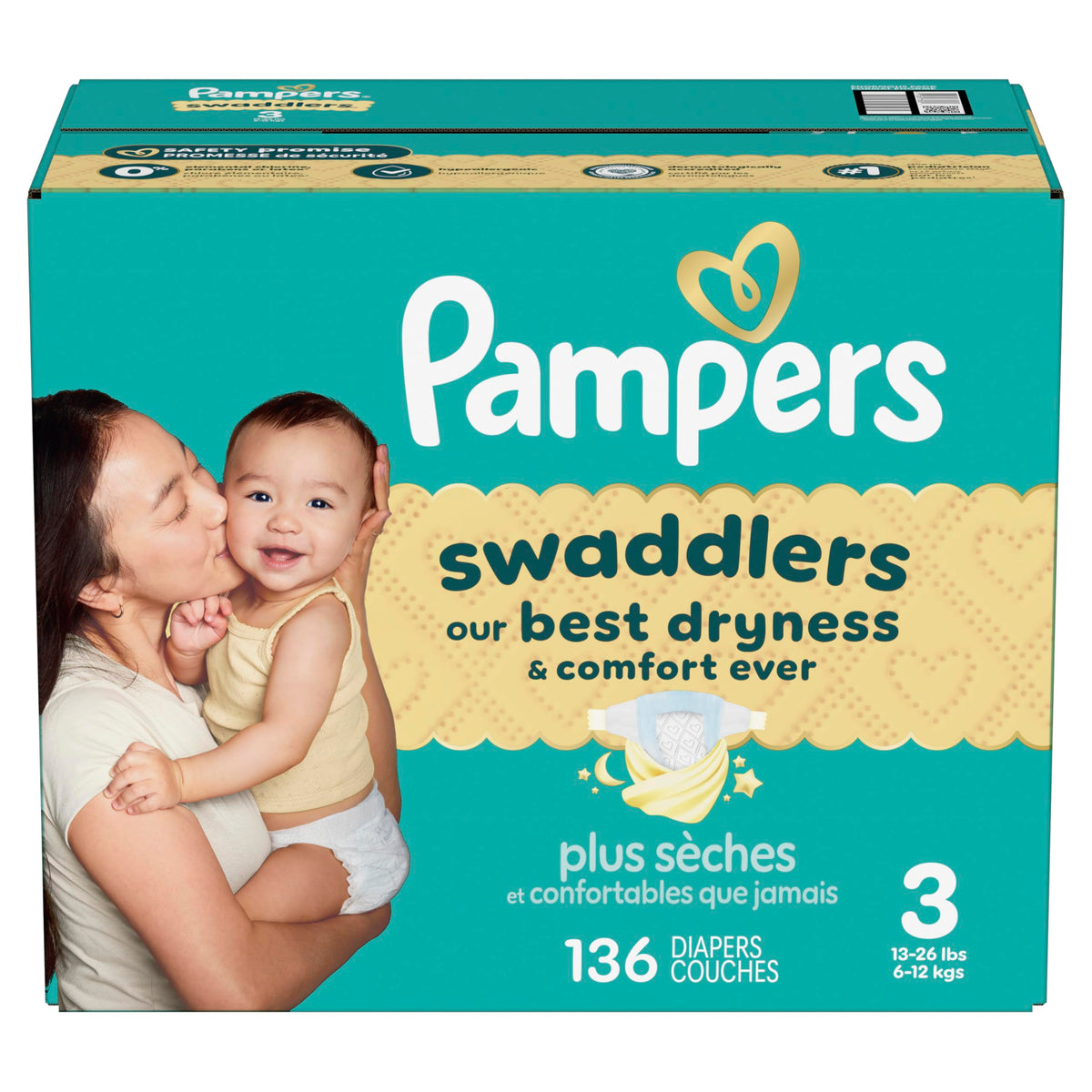 Swaddlers Diapers, Size 3 (13-26 lbs), 136 Count, Fragrance Free, Hypoallergenic, Absorbent, Pediatrician Recommended, Skin Safe