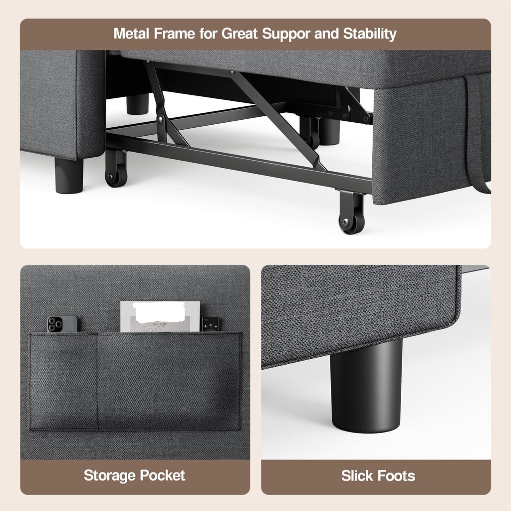 Ahomly Convertible Sofa Chair Bed, 3-in-1 Linen Pull Out Chair, Dark Gray