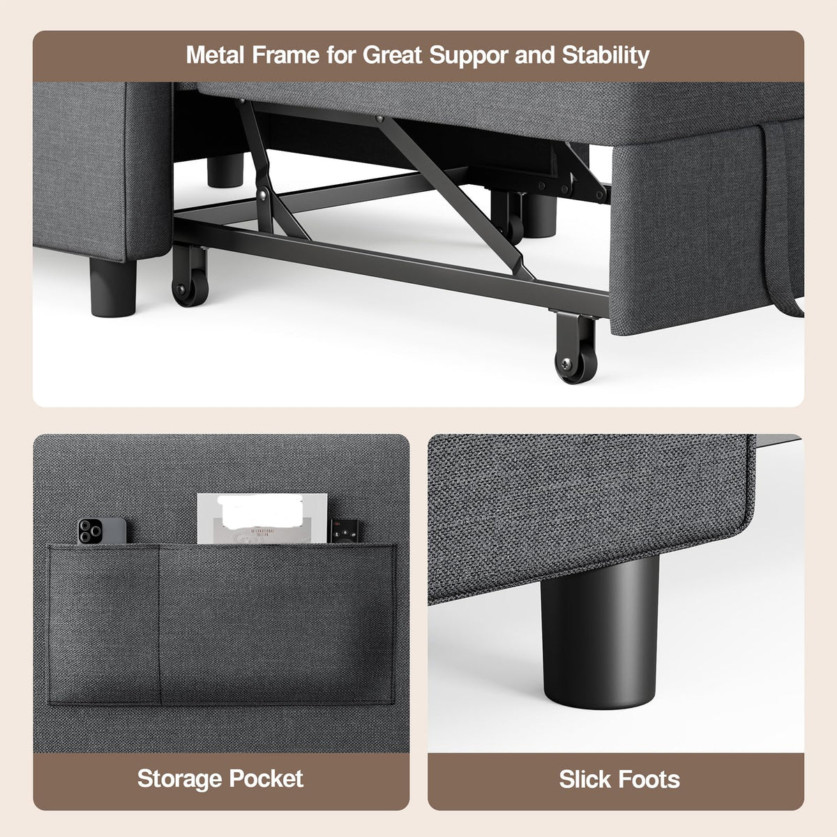 Ahomly Convertible Sofa Chair Bed, 3-in-1 Linen Pull Out Chair, Dark Gray