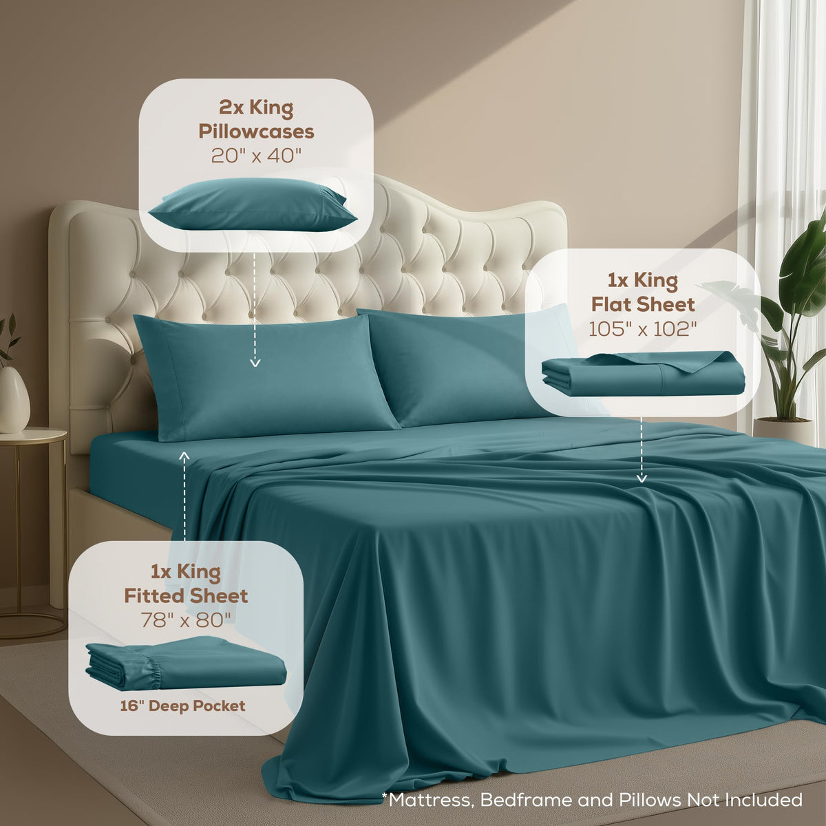 King Sheets Set, 4 Pieces 16" Deep Pocket Hotel Luxury Sheets, Denim Blue
