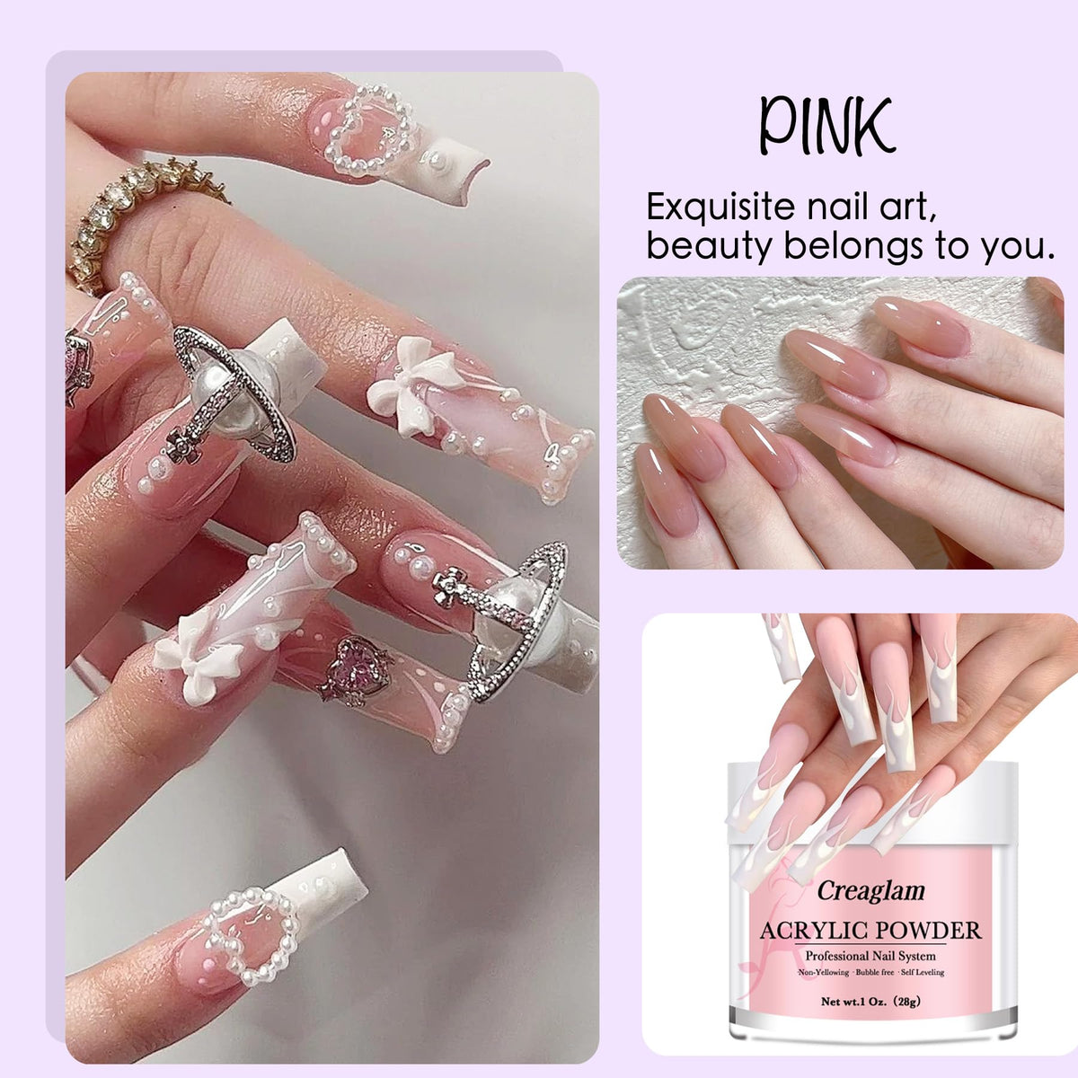 Creaglam Acrylic Powder 3Pcs 28g Cover Pink for Nail Art French Extension