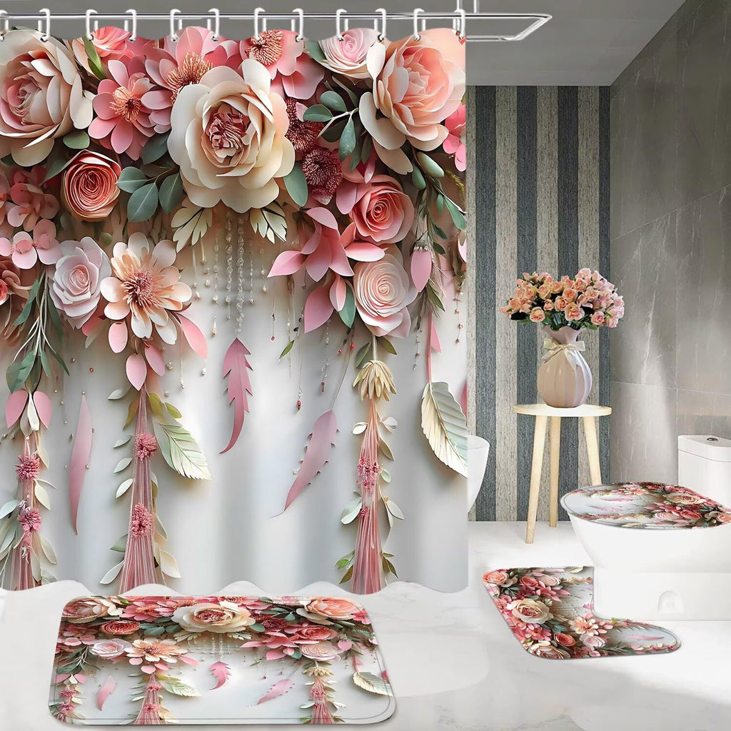 DDQQ Pink Flower Bathroom Shower Curtain Set, Rose Shower Curtain and Rugs