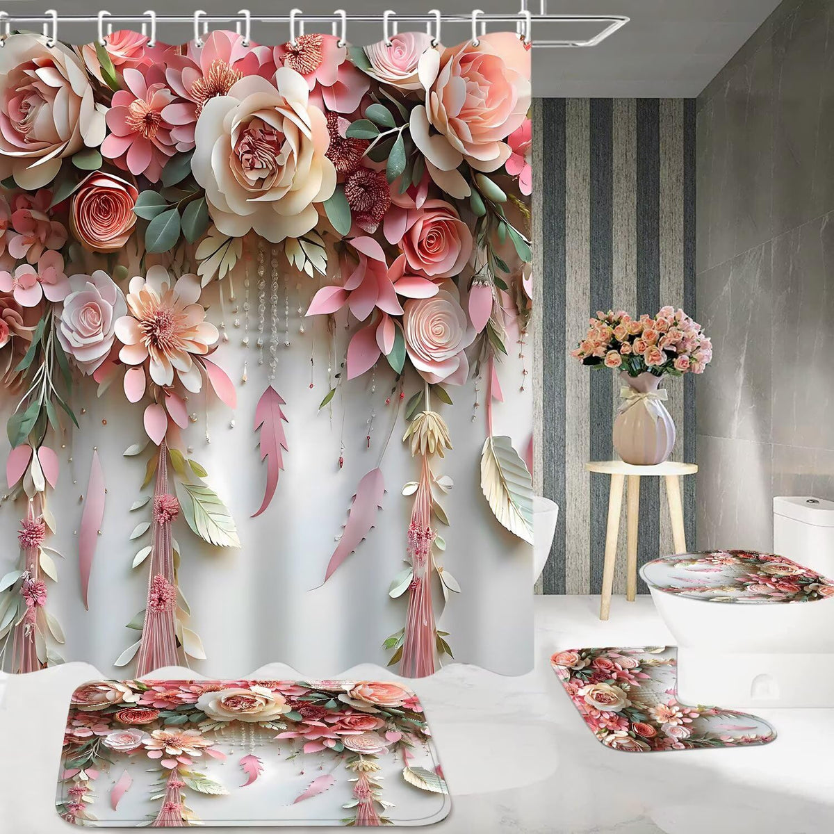 DDQQ Pink Flower Bathroom Shower Curtain Set, Rose Shower Curtain and Rugs