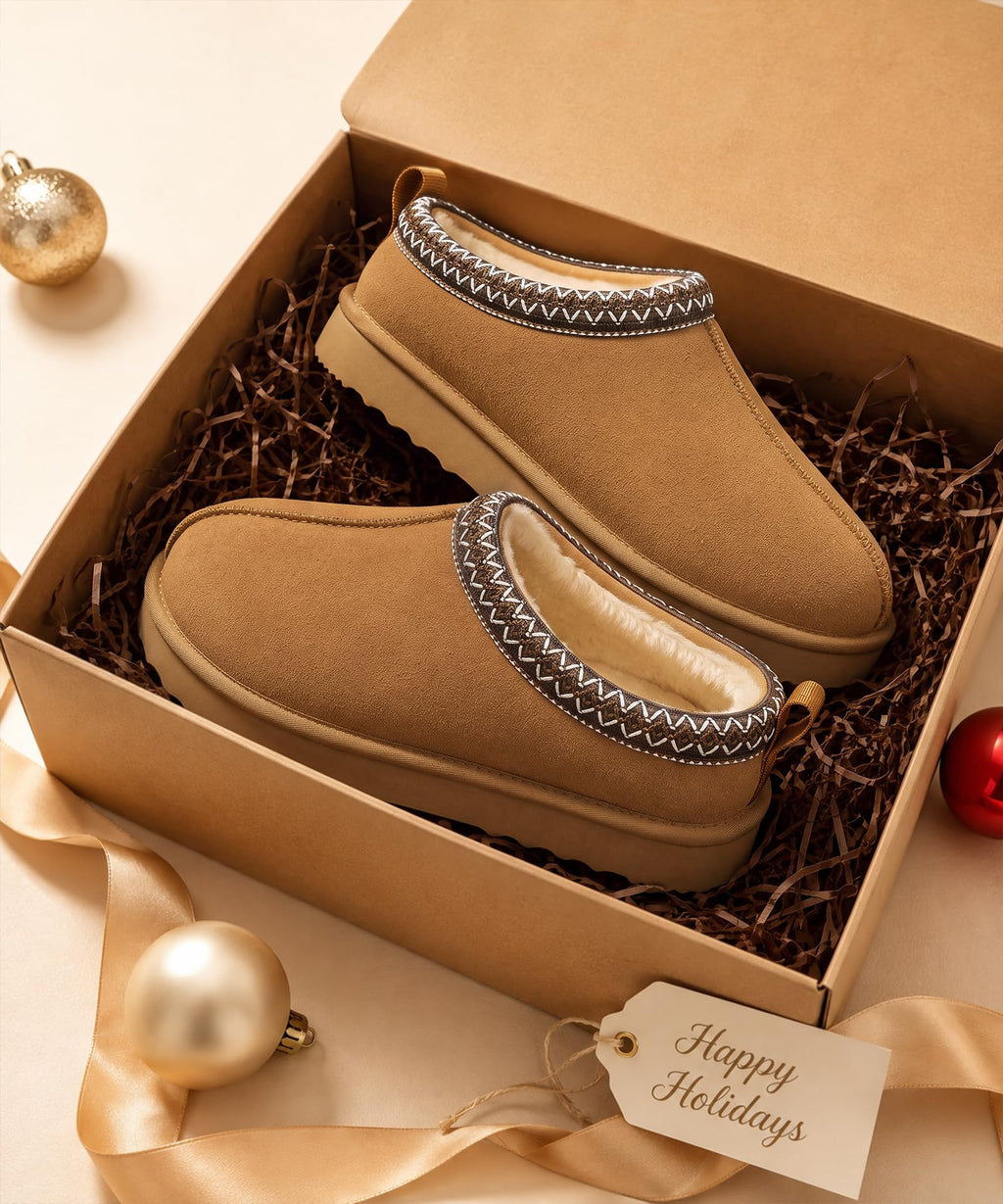 bebealy Genuine Suede Fuzzy Slippers for Women Winter Warm House Shoes Cozy Mini Boots for Indoor Outdoor, Chestnut 39