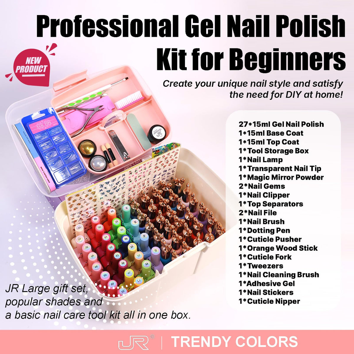 JR 48Pcs Gel Nail Polish Kit 27 Colors Full Size 15ml Base Top Coat Soak Off Manicure Set Storage Box Gift For Women And Girls