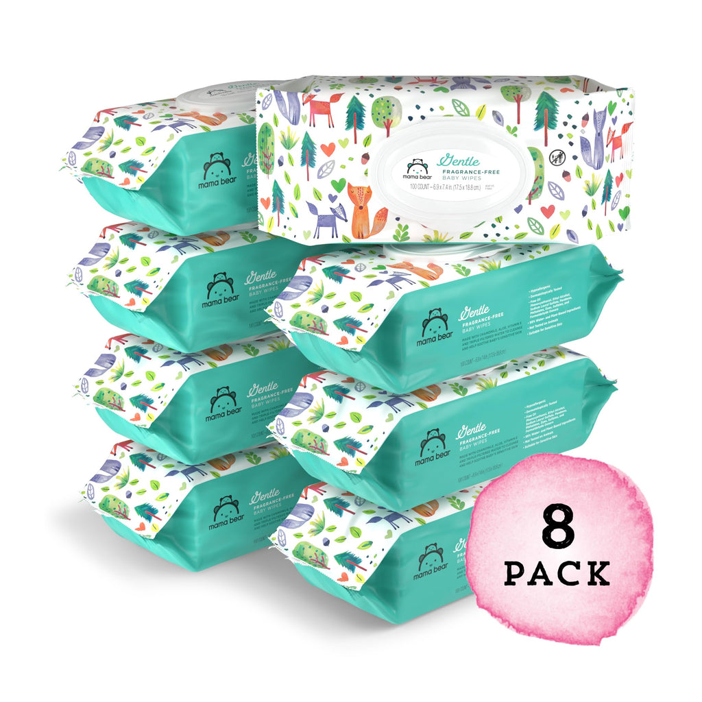 Amazon Brand - Mama Bear Gentle Formulated without Fragrance Baby Wipes, Hypoallergenic, Sensitive Skin, Unscented, 800 Count (8 Packs of 100)