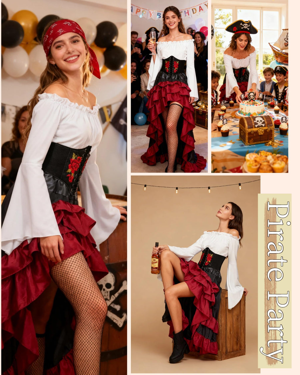 Women's Renaissance Pirate Wench Costume with Corset, Skirt & Blouse