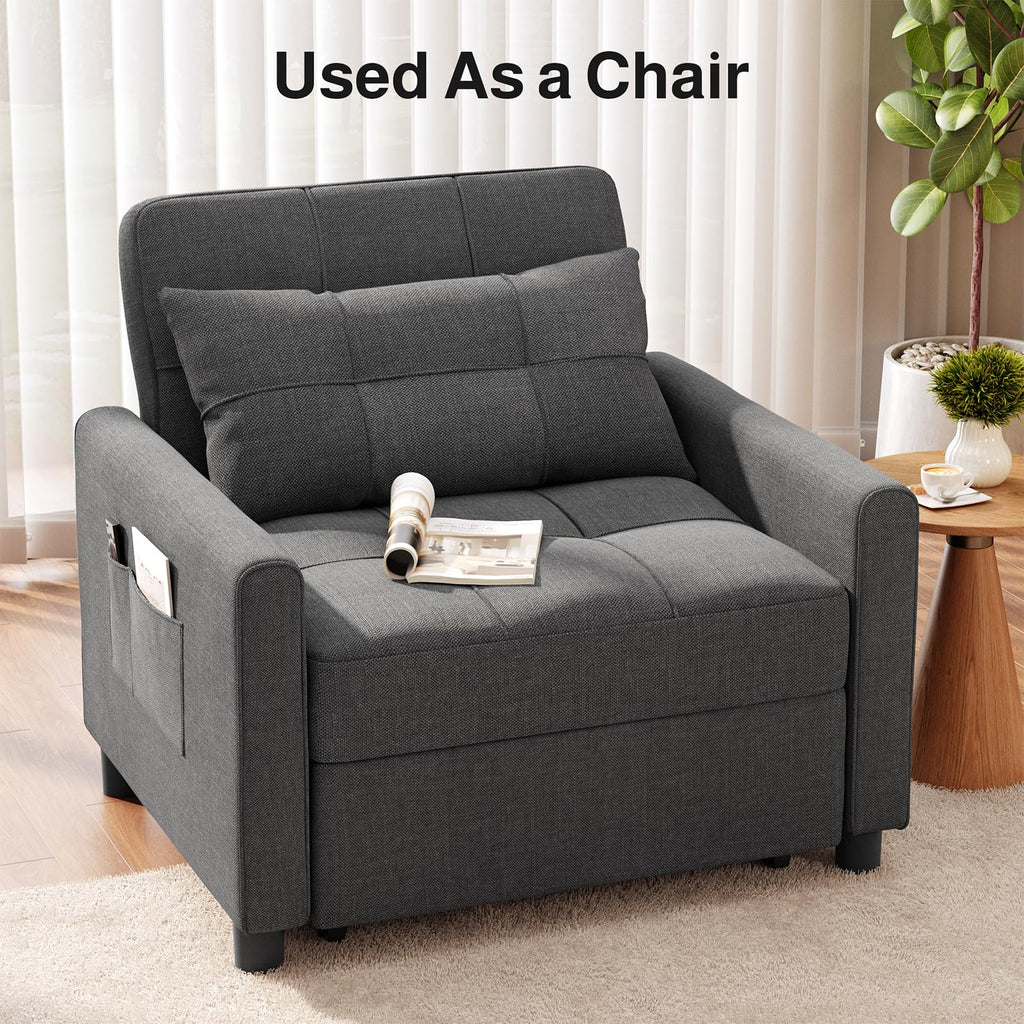 Ahomly Convertible Sofa Chair Bed, 3-in-1 Linen Pull Out Chair, Dark Gray