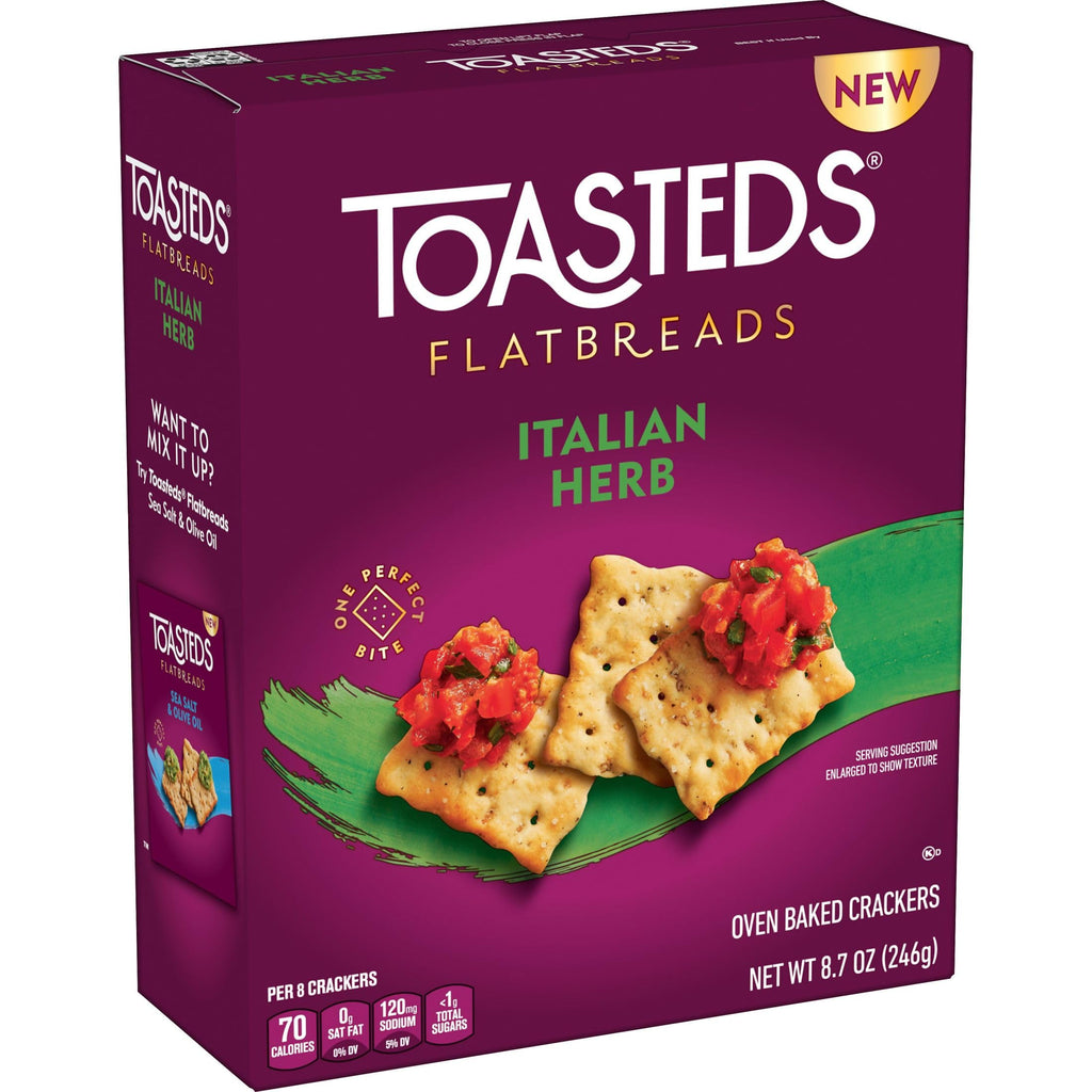 Toasteds Flatbreads Crackers, Lunch Snacks, Party Snacks, Italian Herb (12 Boxes)
