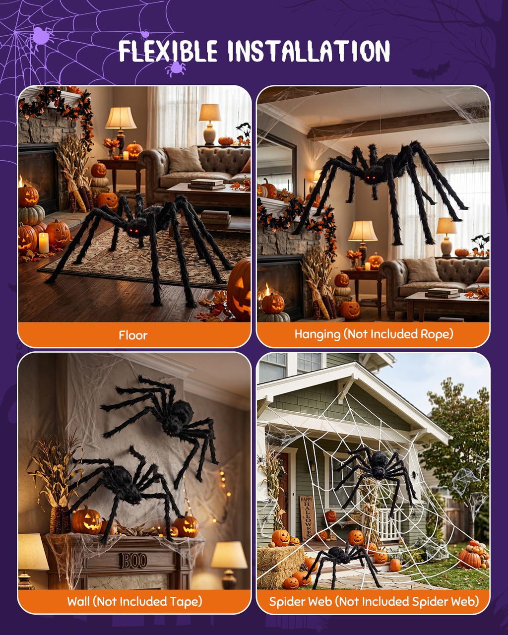 F-TECK 2 Pack 5 Ft Giant Black Spiders for Outdoor Halloween Decorations
