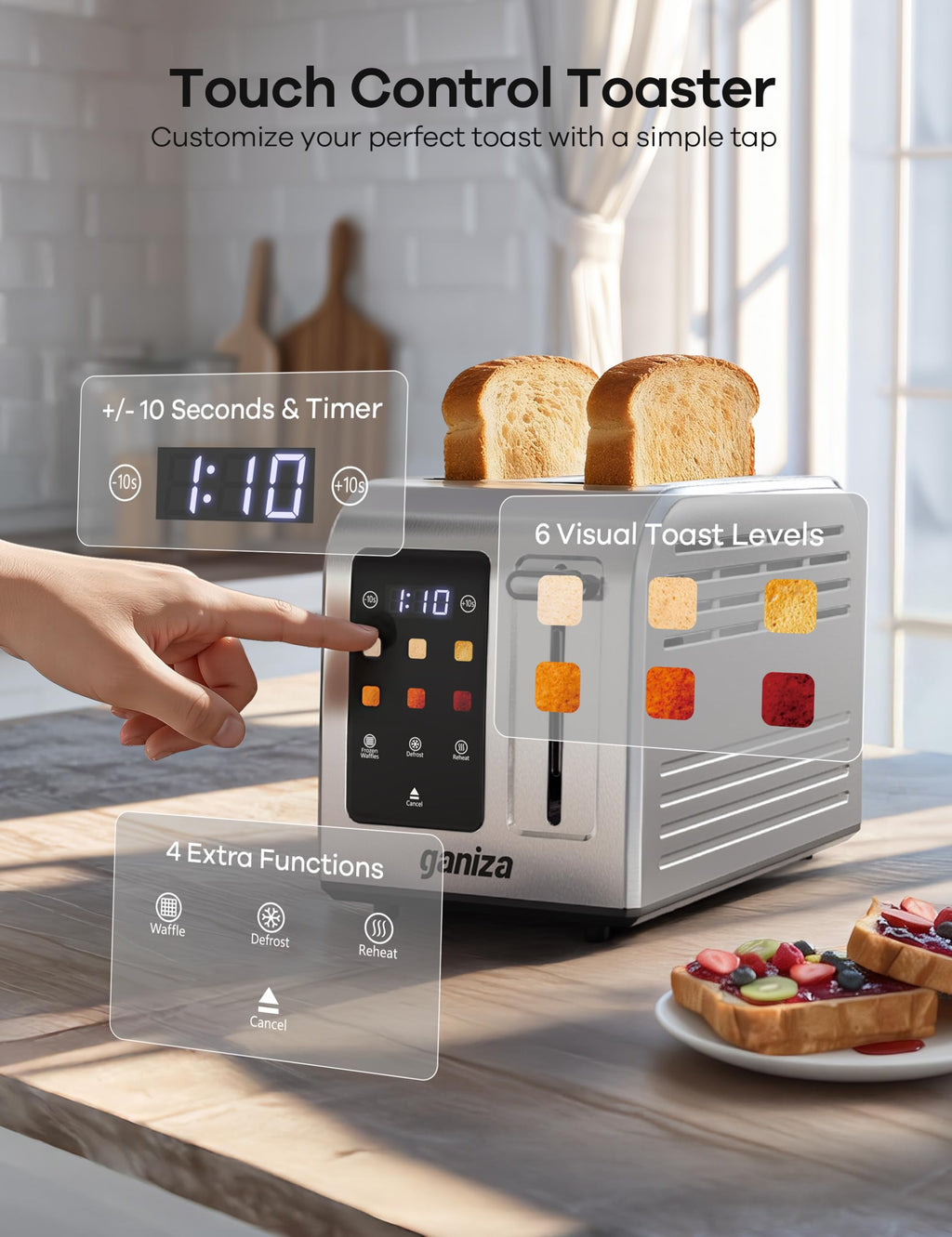 Ganiza Toaster 2 Slice with Touchscreen Smart Toasters Wide Slot, Max 925W