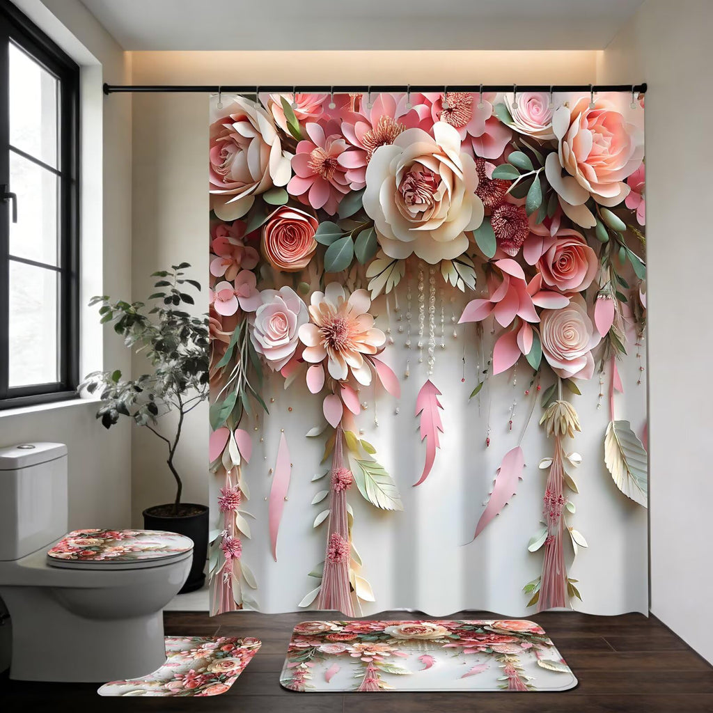DDQQ Pink Flower Bathroom Shower Curtain Set, Rose Shower Curtain and Rugs