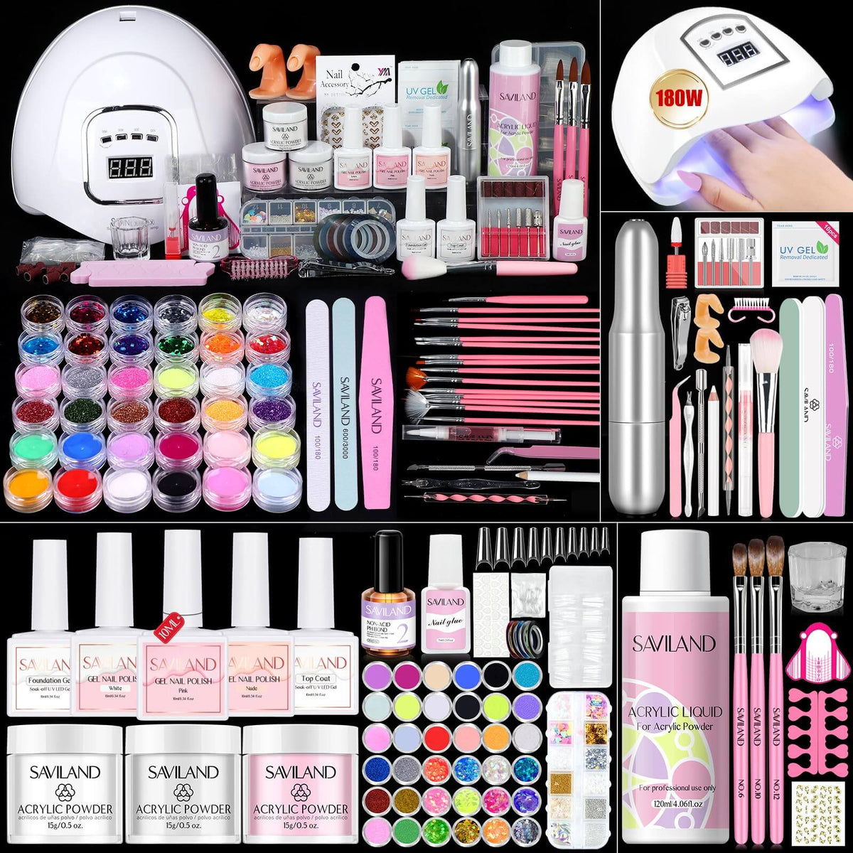 SAVILAND Acrylic Nail Kit with 180W U V Nail Lamp and Drill for Beginners