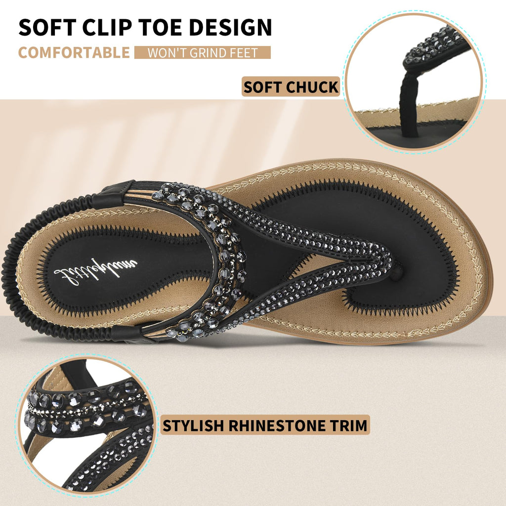 Littleplum Womens Sandals Arch Support Slingback Rhinestone Dressy Sandals Comfort Summer Shoes Ankle Strap Elastic Flats for Beach Walking Elegant Black Size 8