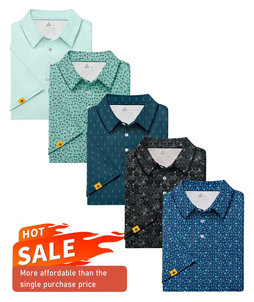 ZITY 5 Pack Mens Golf Shirt Short Sleeve UPF 50+ Print Patterns Casual Polo