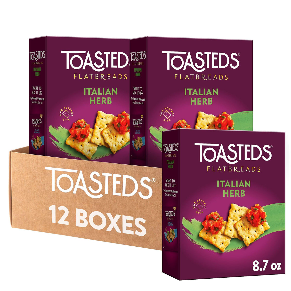 Toasteds Flatbreads Crackers, Lunch Snacks, Party Snacks, Italian Herb (12 Boxes)