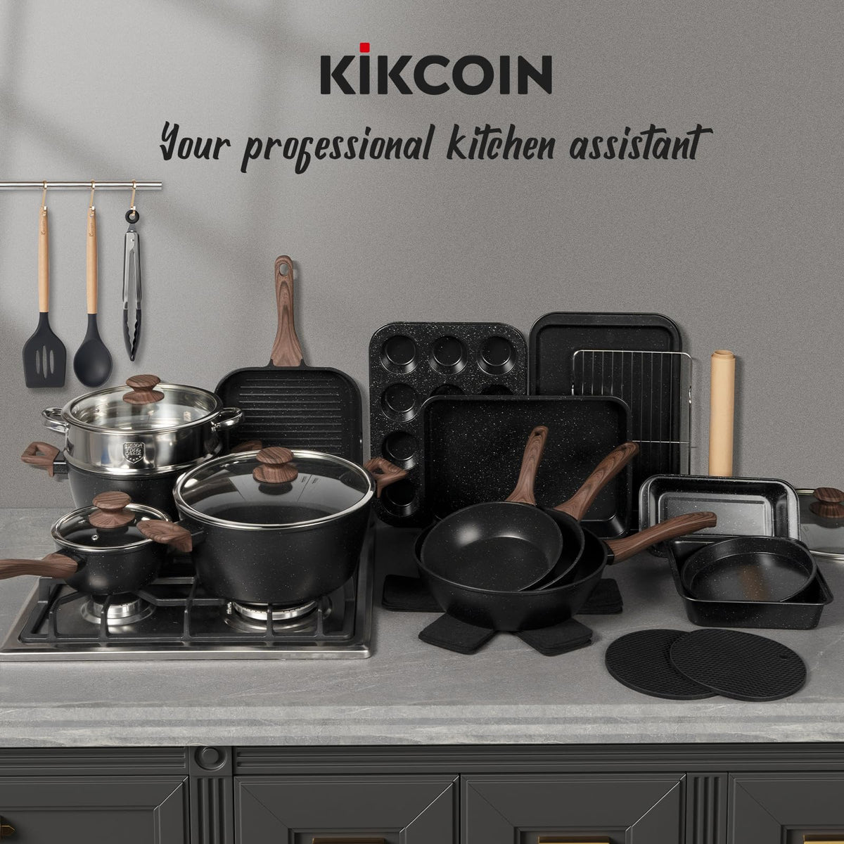 Kikcoin 31 Piece Pots and Pans Set Non Stick Kitchen Cookware Sets