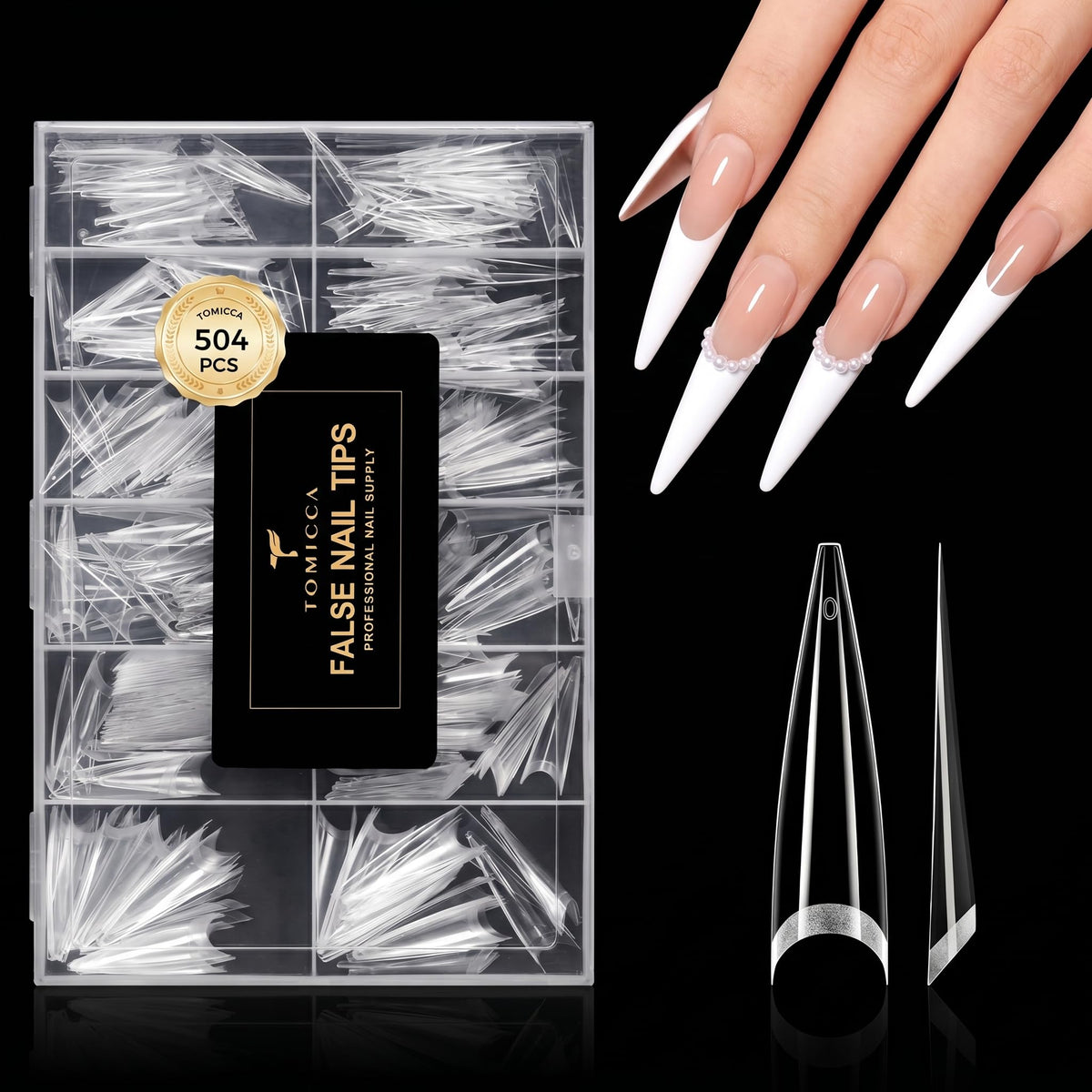 TOMICCA Extra Long Stiletto Nail Tips XXL 504pcs Clear Half Cover No C Curve Nail Tips, 12 Sizes Matte False Nails for DIY & Salon, Beginners & Professionals