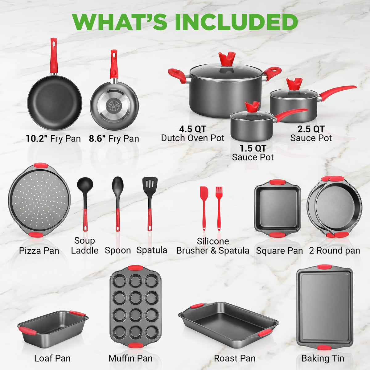 NutriChef 21-Piece Nonstick Cookware Set - PTFE/PFOA/PFOS Free Heat Resistant Lacquer Kitchen Ware Pots Pan w/ Cool-Touch Handles, Saucepan, Fry Pans, Lid, Bakeware, For Gas Electric Ceramic Cooktops