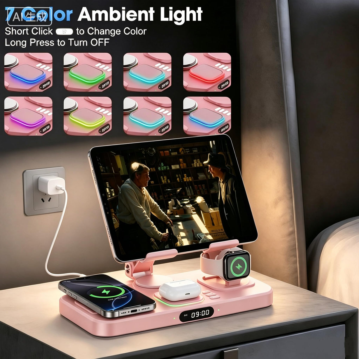 6 in 1 Wireless Charger for Apple Multiple Devices, Charging Station with Clock &7 Color Ambient Light, Foldable Rotate Stand for iPad, for iPhone17/16/15, Support for Apple Watch11/10 For AirPods4