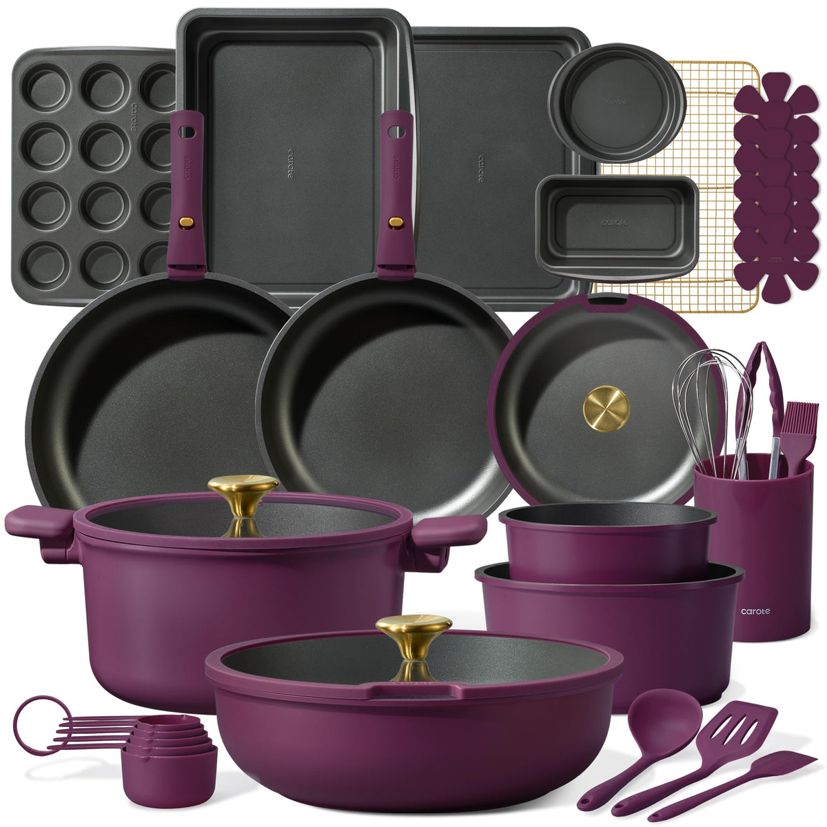 CAROTE 32pcs Pots and Pans Set Non Stick, Detachable Handle Cookware Sets
