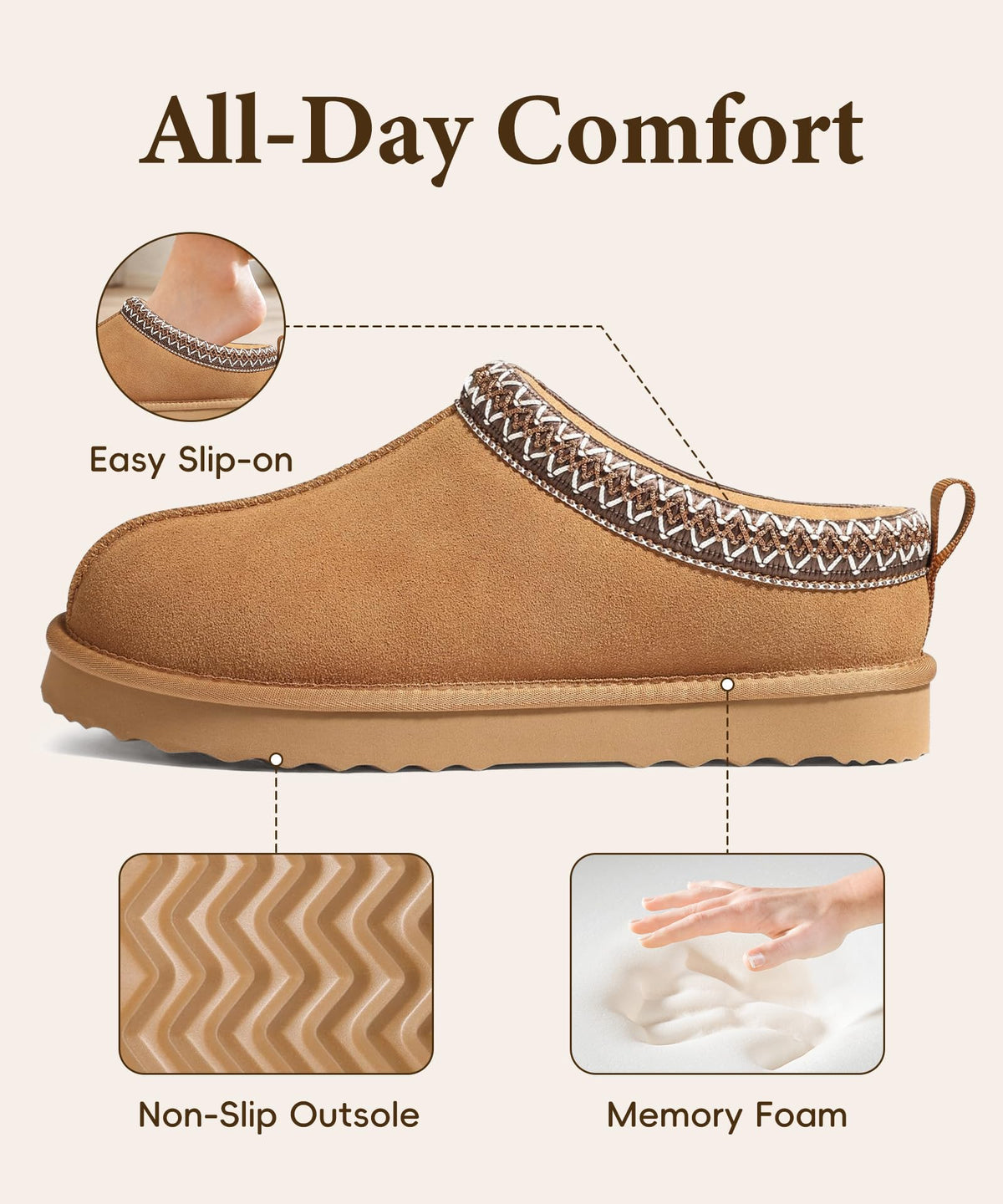 bebealy Genuine Suede Fuzzy Slippers for Women Winter Warm House Shoes Cozy Mini Boots for Indoor Outdoor, Chestnut 39