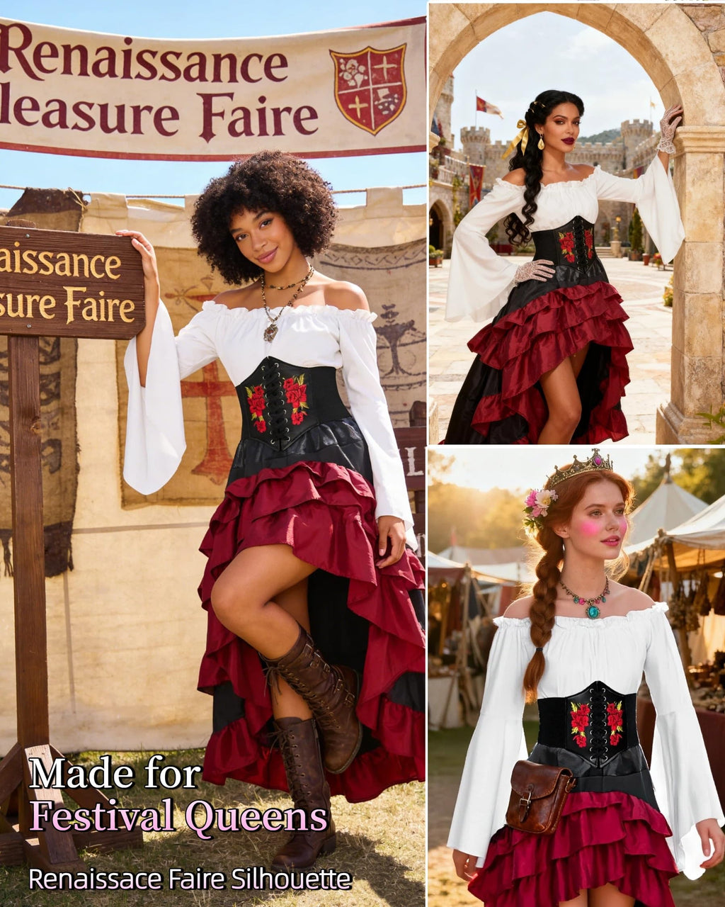 Women's Renaissance Pirate Wench Costume with Corset, Skirt & Blouse