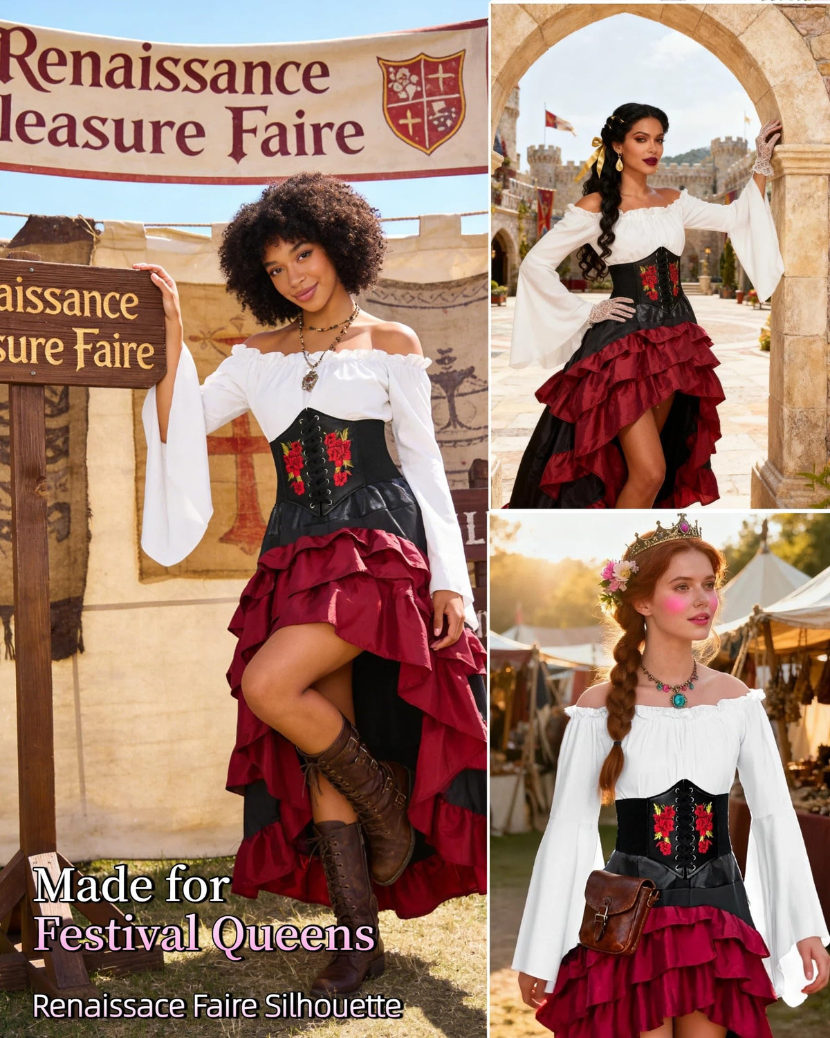 Women's Renaissance Pirate Wench Costume with Corset, Skirt & Blouse