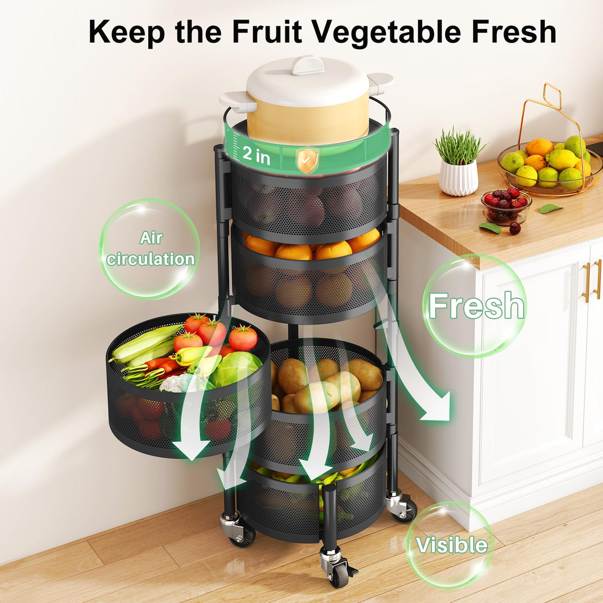SAYZH 5 Tier Fruit Vegetable Basket Stand for Kitchen, Rotating, Black