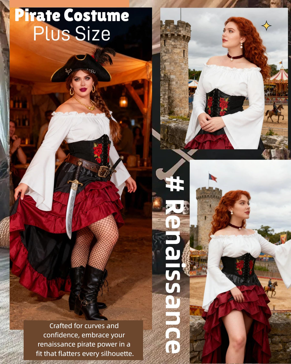 Women's Renaissance Pirate Wench Costume with Corset, Skirt & Blouse