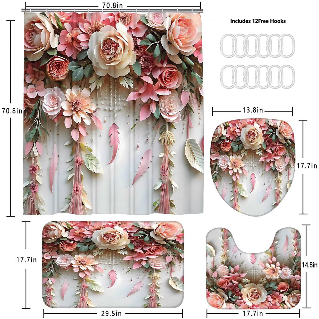 DDQQ Pink Flower Bathroom Shower Curtain Set, Rose Shower Curtain and Rugs
