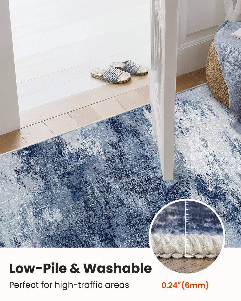 Amada Washable 8'x10' Abstract Area Rug for Living Room Dark Blue
