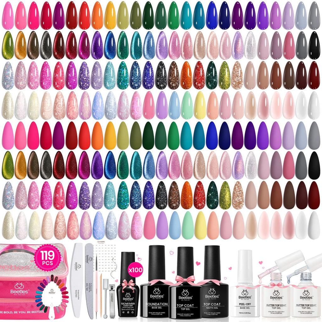 Beetles Gel Nail Polish Set, 119 PCS 100 Colors Gel Polish Kit with Base