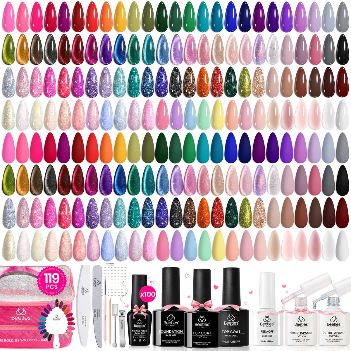 Beetles Gel Nail Polish Set, 119 PCS 100 Colors Gel Polish Kit with Base