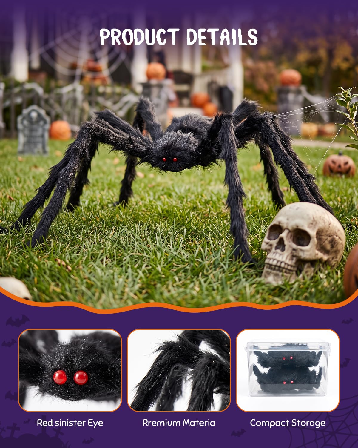 F-TECK 2 Pack 5 Ft Giant Black Spiders for Outdoor Halloween Decorations