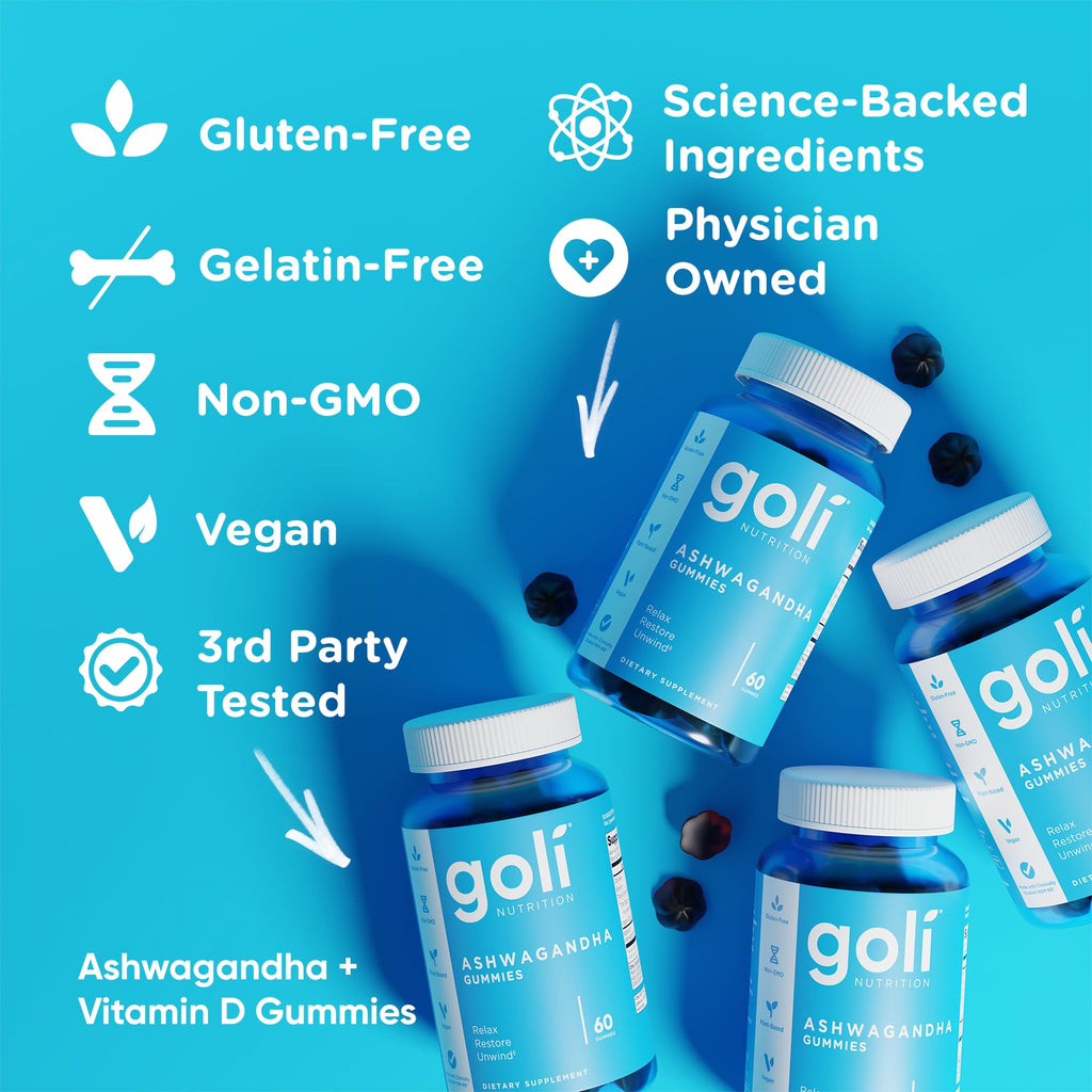 Goli Ashwagandha & Vitamin D Gummy - 180 Count - Mixed Berry, KSM-66, Vegan, Plant Based, Non-GMO, Gluten-Free & Gelatin Free Relax. Restore. Unwind, Pack of 3